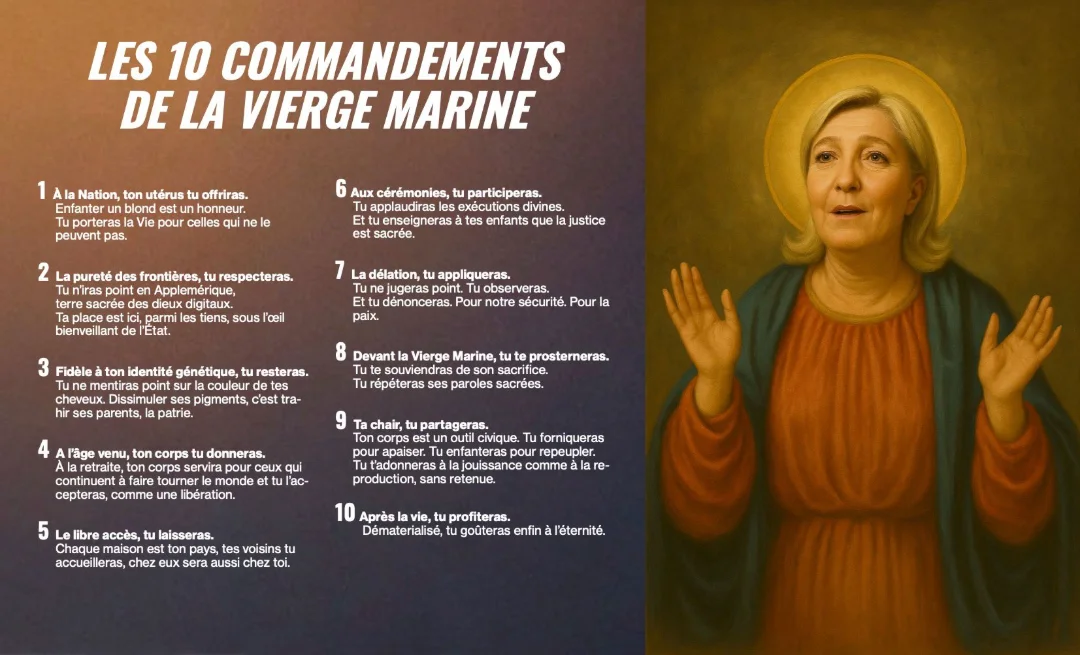 Planche « Les 10 commandements de la Vierge Marine » : dix commandements numérotés à côté d'un portrait de femme blonde peint comme une icône religieuse.