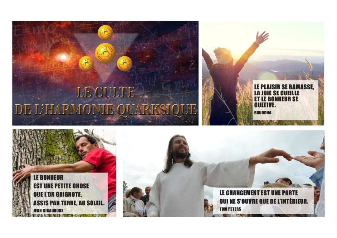 Planche d'ambiance : un visuel « Le Culte de l'harmonie quantique » et des images de développement personnel accompagnées de citations sur le bonheur.