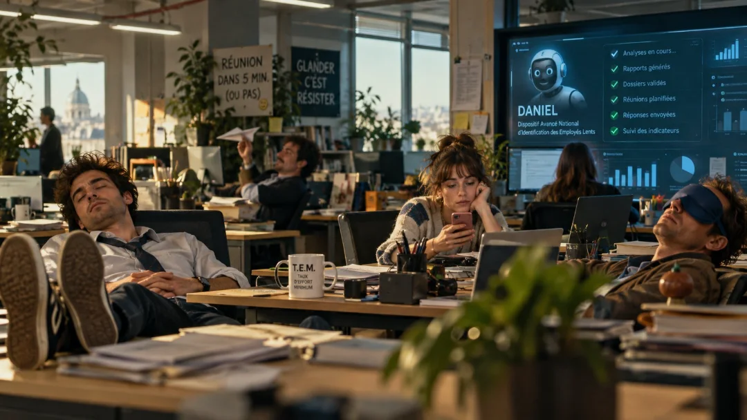 Les Sous-Doués contre l'IA : des employés endormis dans un open space, devant un écran d'intelligence artificielle.