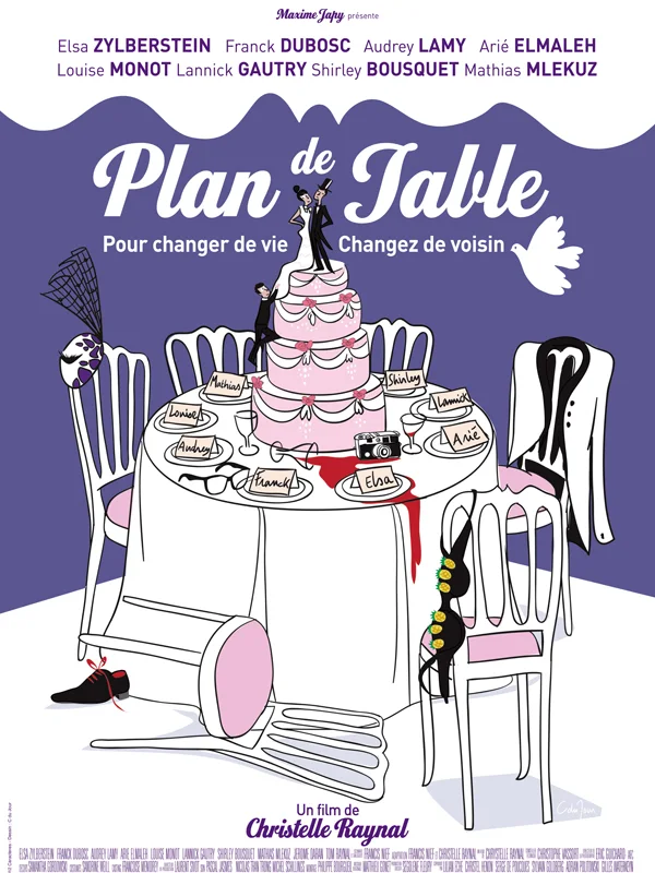 Affiche de Plan de table : une pièce montée de mariage et des chaises renversées, dessinées sur fond violet.